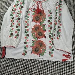 Floral Embroidered White Blouse with Red Accents